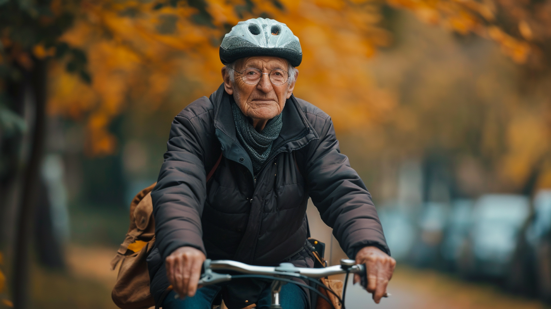 an elderly man riding a bicycle