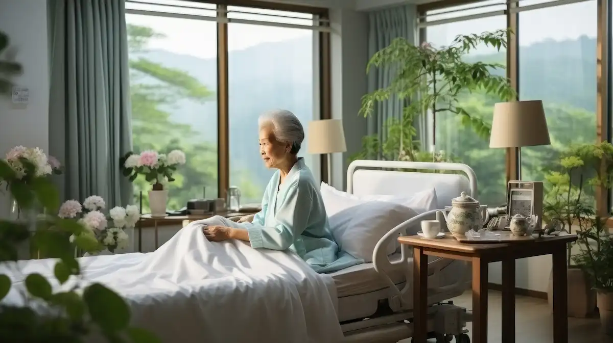 Elderly Japanese Woman sitting on a Hospital bed
